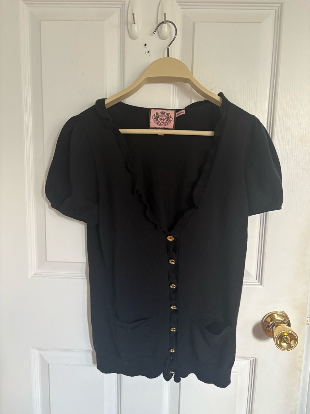 Original VINTAGE Juicy Couture Black Short Sleeve Button-Front Knit Top